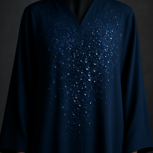 The Sapphire Mist Abaya
Tone: Deep sapphire navy
Design:
A mist-like arrangement of tiny florals blending into stone clusters across the torso.
Embellishment:
Sapphire stones mixed with silver crystals.
Vibe: Elegant, serene, like a luxury night sky.