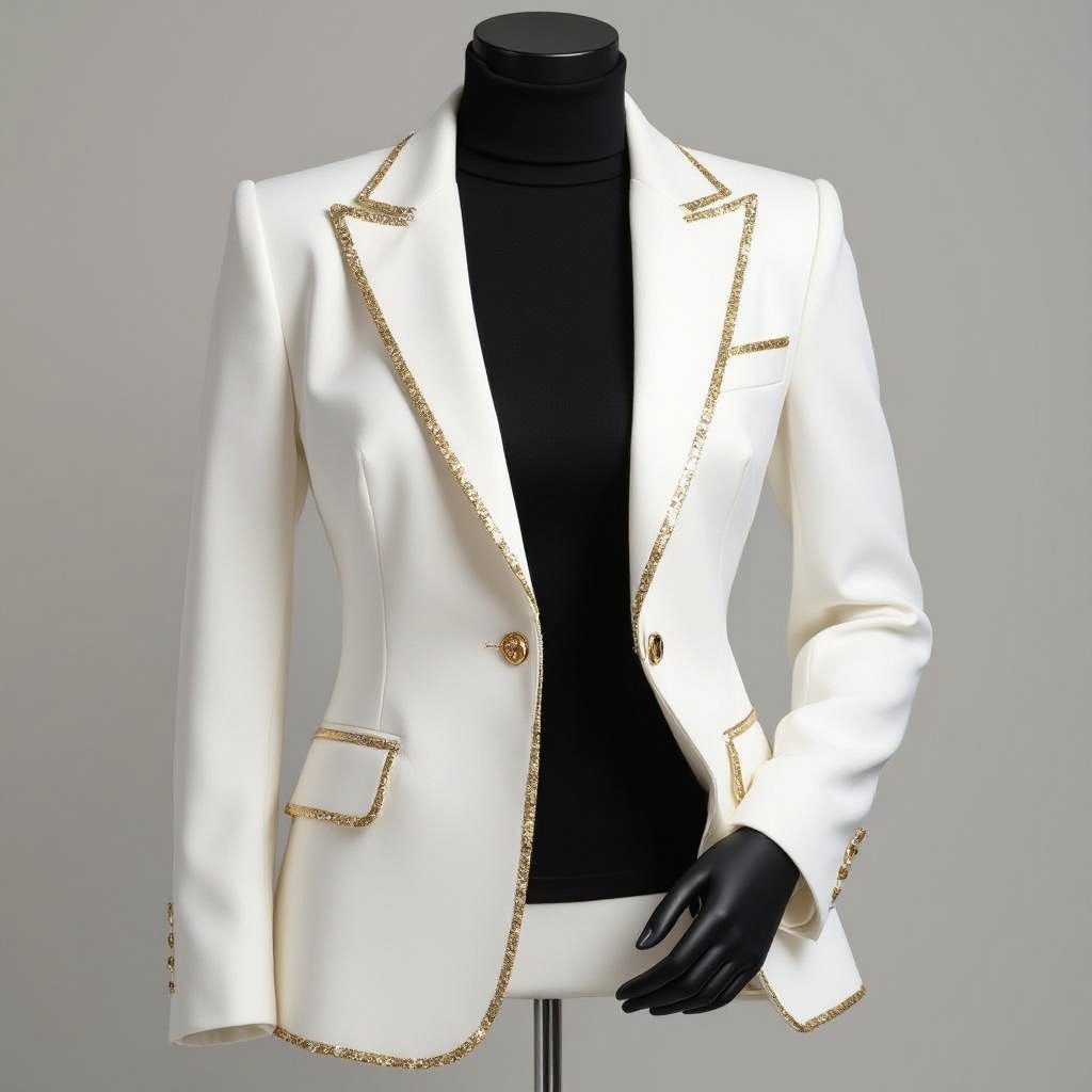 White blazer with gold sparkles on it
White blazer with interwoven gold sparkle threads, a tailored fit, and a single-button closure.