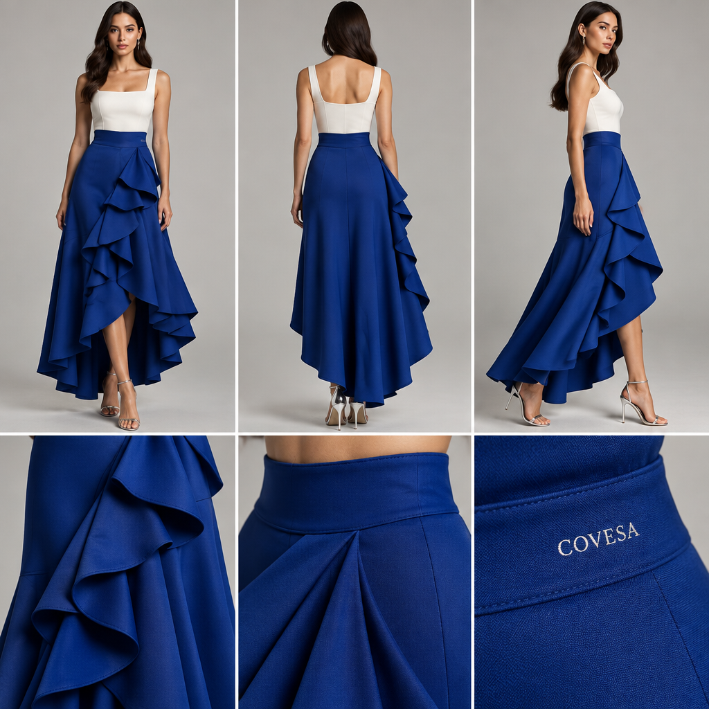 Create an ORIGINAL high-fashion skirt design for COVESA, using the uploaded skirt references only as general inspiration for elegance, draping and movement. Do NOT copy any reference design, silhouette, construction, seams or details.
DESIGN:
Create a youthful, fashion-forward midi-to-maxi skirt with a fitted high waist and a dramatic sculptural lower section.
The upper section should be clean and smooth. From one side of the waist, create an asymmetric cascade of soft fabric that curves around the hip and gradually opens into the skirt. Incorporate several controlled, architectural folds that create dimension and movement.
Instead of ordinary ruffles, create a distinctive layered wave effect along one side of the skirt. The opposite side should remain relatively sleek so the design has contrast.
The hem should be slightly asymmetric, with a soft flowing finish that moves beautifully when walking.
Make the construction look realistic and tailor-made, with clean seams, proper structure and realistic fabric tension.
COLOR:
Use a completely different color from the previous designs: deep cobalt blue.
FABRIC:
Use a luxurious medium-weight fabric with a soft fluid drape and enough structure to hold the sculptural folds.
COVESA SIGNATURE:
Add the official COVESA signature logo as a small, elegant WHITE embroidered mark on the skirt. It must look physically embroidered/printed into the garment, not digitally pasted on. Keep it subtle but clearly visible.
PRESENTATION:
Create a professional fashion-design presentation showing:
1. Full front view
2. Back view
3. Side/three-quarter view
4. Close-up of the asymmetric draping
5. Close-up of the waistband and seams
6. Close-up of the COVESA logo
Use a clean studio background and make every garment detail extremely sharp and easy to see.
OVERALL VIBE:
Youthful 20s fashion, elegant, unusual, feminine, modern, sophisticated, wearable and unmistakably COVESA. The design should look like an original designer piece, NOT a recreation of any existing garment.
photorealistic fashion design, Create an ORIGINAL high-fashion skirt design for COVESA, using the uploaded skirt references only as general inspiration for elegance, draping and movement. Do NOT copy any reference design, silhouette, construction, seams or details.
DESIGN:
Create a youthful, fashion-forward midi-to-maxi skirt with a fitted high waist and a dramatic sculptural lower section.
The upper section should be clean and smooth. From one side of the waist, create an asymmetric cascade of soft fabric that curves around the hip and gradually opens into the skirt. Incorporate several controlled, architectural folds that create dimension and movement.
Instead of ordinary ruffles, create a distinctive layered wave effect along one side of the skirt. The opposite side should remain relatively sleek so the design has contrast.
The hem should be slightly asymmetric, with a soft flowing finish that moves beautifully when walking.
Make the construction look realistic and tailor-made, with clean seams, proper structure and realistic fabric tension.
COLOR:
Use a completely different color from the previous designs: deep cobalt blue.
FABRIC:
Use a luxurious medium-weight fabric with a soft fluid drape and enough structure to hold the sculptural folds.
COVESA SIGNATURE:
Add the official COVESA signature logo as a small, elegant WHITE embroidered mark on the skirt. It must look physically embroidered/printed into the garment, not digitally pasted on. Keep it subtle but clearly visible.
PRESENTATION:
Create a professional fashion-design presentation showing:
1. Full front view
2. Back view
3. Side/three-quarter view
4. Close-up of the asymmetric draping
5. Close-up of the waistband and seams
6. Close-up of the COVESA logo
Use a clean studio background and make every garment detail extremely sharp and easy to see.
OVERALL VIBE:
Youthful 20s fashion, elegant, unusual, feminine, modern, sophisticated, wearable and unmistakably COVESA. The design should look like an original designer piece, NOT a recreation of any existing garment., just the design no text