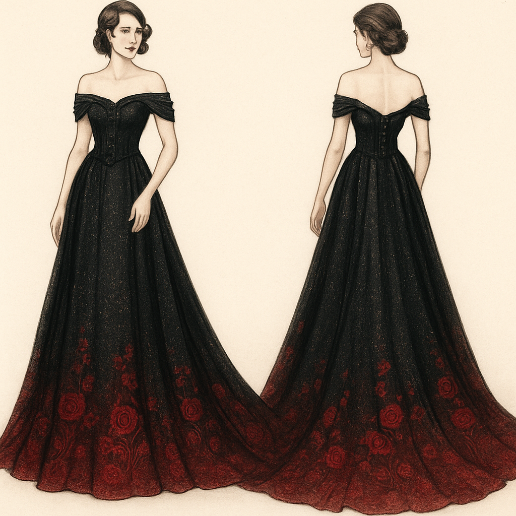 Black glittery wedding dress with long train. Made from chiffon, with corset top and back, with bottom fading into red with red embroidered roses. Wraparound shoulder sleeves.
Black glittery wedding dress with long train. Made from chiffon, with corset top and back, with bottom fading into red with red embroidered roses. Wraparound shoulder sleeves., vintage style, show front and back