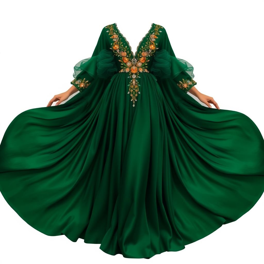 Create a woman’s kaftan that would wow. Add layers of fabric to create a big skirt but also add structure by ruching the waist. Give it a low neckline, and a monochrome hunter green color. Add details of ruched tulle and an accent of 6 inches ab crystals on a gold and green base to create a luxurious detail to the dress. The base fabric is duchess satin in hunter green
Design an opulent women's kaftan that captivates with a sweeping voluminous skirt made from luxurious duchess satin in deep hunter green. Incorporate exquisite ruching at the waist for refined structure, paired with a sultry low neckline. Adorn the bodice with delicate layers of ruched tulle and radiant 6-inch ab crystals set against a shimmering gold and green embellishment, creating an irresistible, high-fashion statement piece.