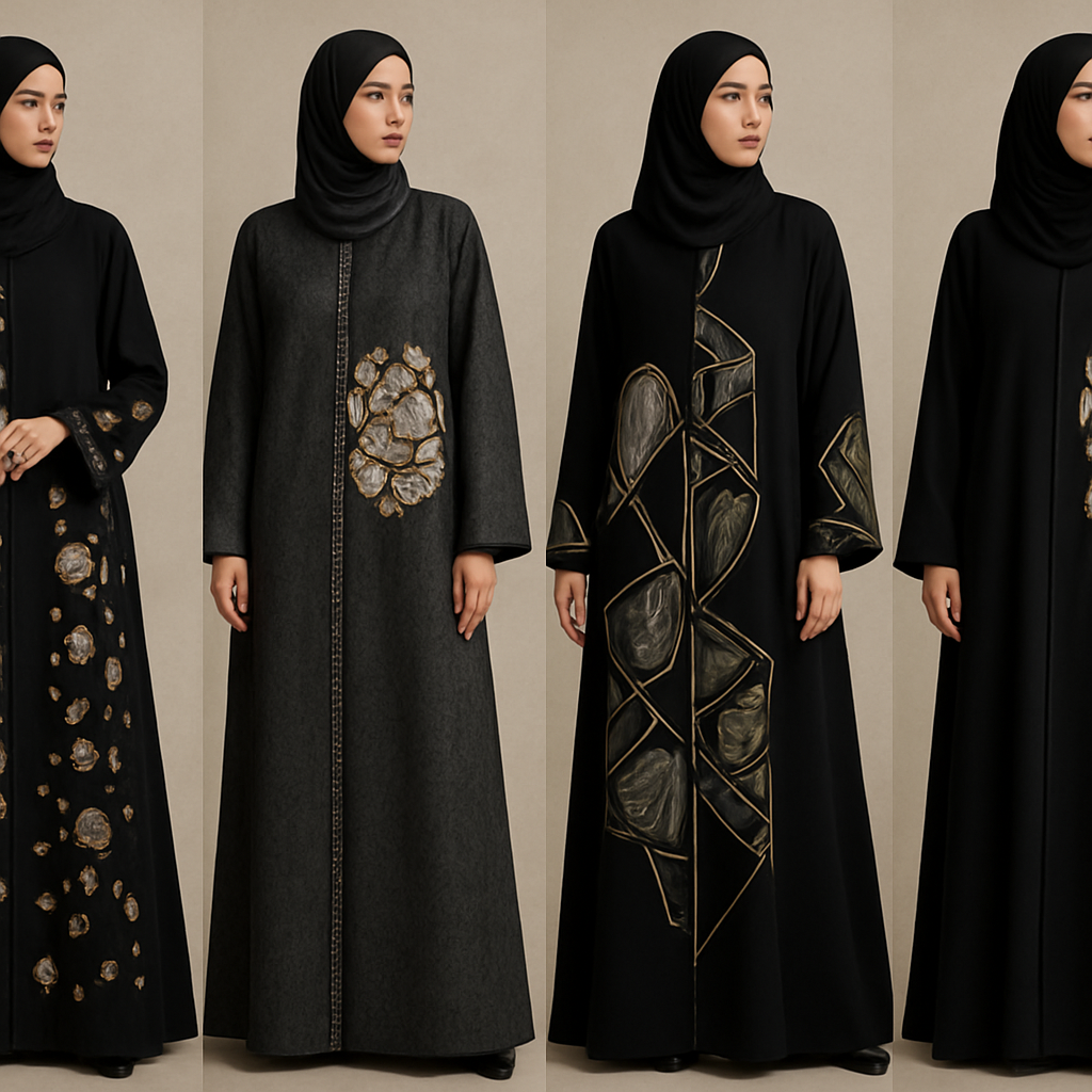 Create me modest abaya that's first in the world, using unique stone design, classy and sophisticated. Keep me 4 designs. Make them rich by adding unique chic stone high end designs and . Showcasing different styles and fabric.
Create me modest abaya that's first in the world, using unique stone design, classy and sophisticated. Keep me 4 designs. Make them rich by adding unique chic stone high end designs and . Showcasing different styles and fabric.