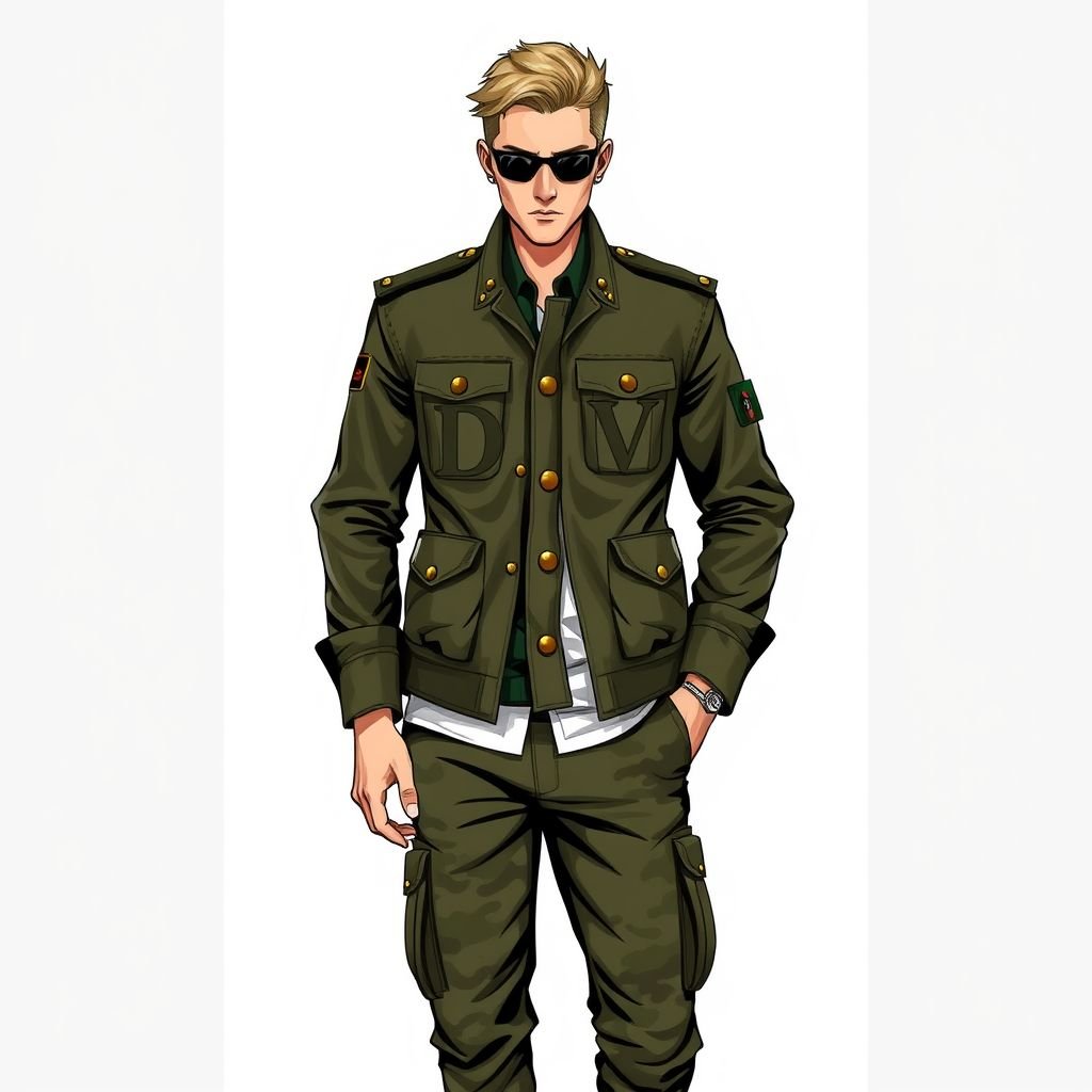Make me a male military outfit. Jacket and pants. Put my brand name DV on it. Make it original
Design an original male military outfit featuring a structured olive green jacket adorned with intricate brass buttons and epaulettes, paired with tapered cargo pants. The jacket should prominently display “DV” in a bold, stylized font on the chest. Add functional pockets and a subtle urban camouflage pattern for a contemporary edge.