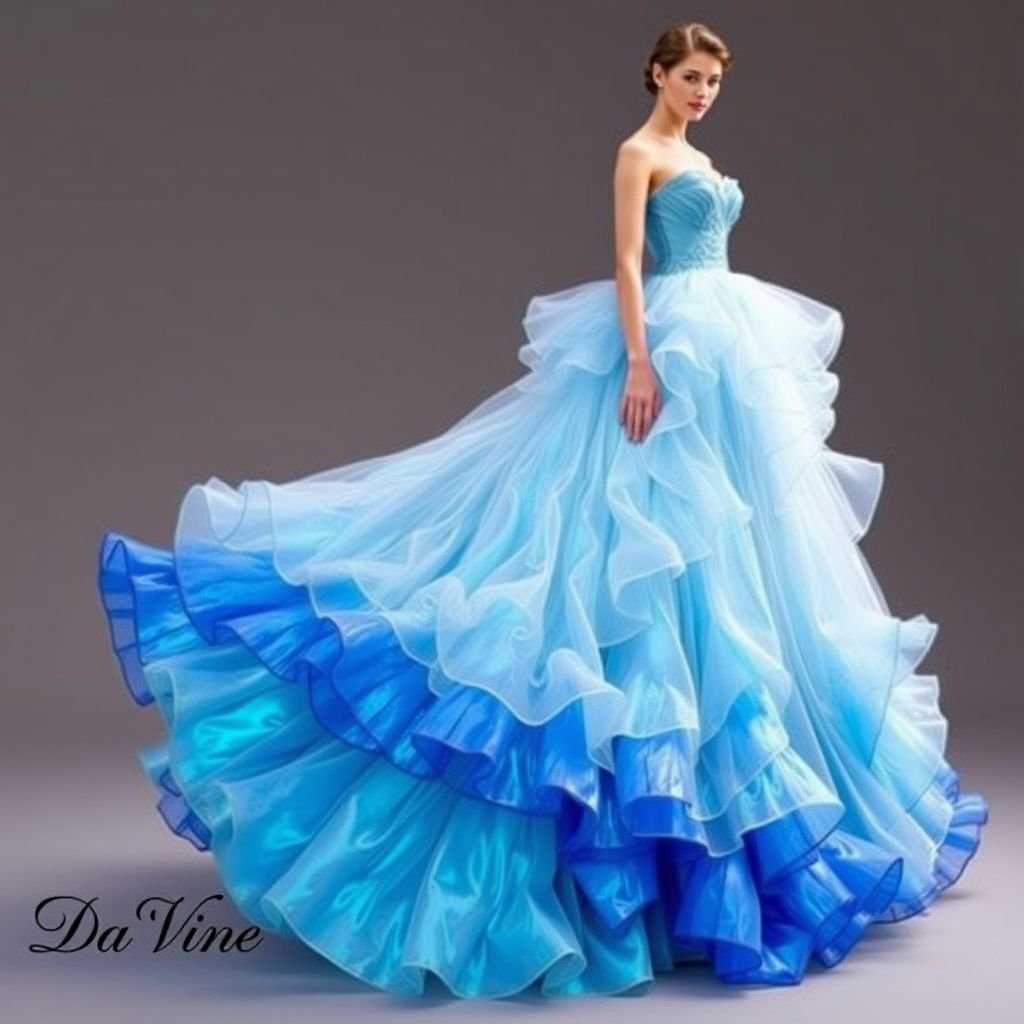 Can you create me a ruffled. The dress should flare out some at the bottom. With the colors, baby blue iridescent mermaid, royal blue iridescent mermaid, and white. With Iridescent Mermaid Scale Gradient Organza Fabric With Pleats And Ruffles For Decoration. Put Da’Vine in the bottom left corner of screen.
Design an elegant, floor-length gown featuring cascading ruffles and a flared hemline. Utilize a captivating iridescent mermaid scale gradient organza fabric with baby blue and royal blue hues, accented by delicate white. Exquisite pleats elegantly frame the silhouette. Signature "Da’Vine" embossed in the bottom left corner adds a touch of sophistication.