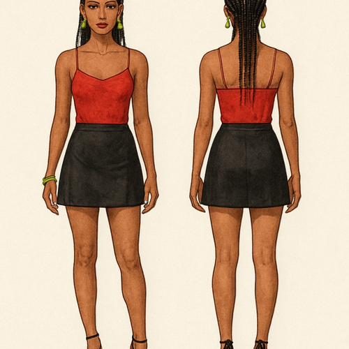 Red spaghetti strap
Short black skirt 
 Lime Green earrings 
Lime Green bracelet 
Black heels with gold design 
Corn rows 
