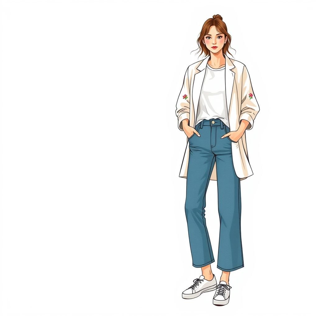A feminine casual oversized blazer
Design a feminine casual oversized blazer with a relaxed fit, crafted from soft, breathable linen. Incorporate playful pastel colors and subtle floral embroidery on the sleeves. Pair it with slightly cropped wide-leg jeans and a fitted graphic tee, complete with stylish white sneakers, exuding effortless, laid-back chic vibes for everyday wear.