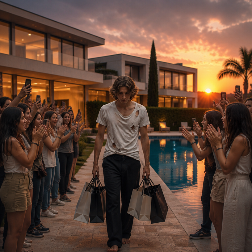 la villa falla più moderna con piscina, pantaloni ok ma devono coprire i piedi scalzi. fai il tramonto nello sfondo e tante sportine che tiene in mano il ragazzo. i fan felici
edit the attached fashion design with these instructions: la villa falla più moderna con piscina, pantaloni ok ma devono coprire i piedi scalzi. fai il tramonto nello sfondo e tante sportine che tiene in mano il ragazzo. i fan felici. keep it photorealistic, just the design no text