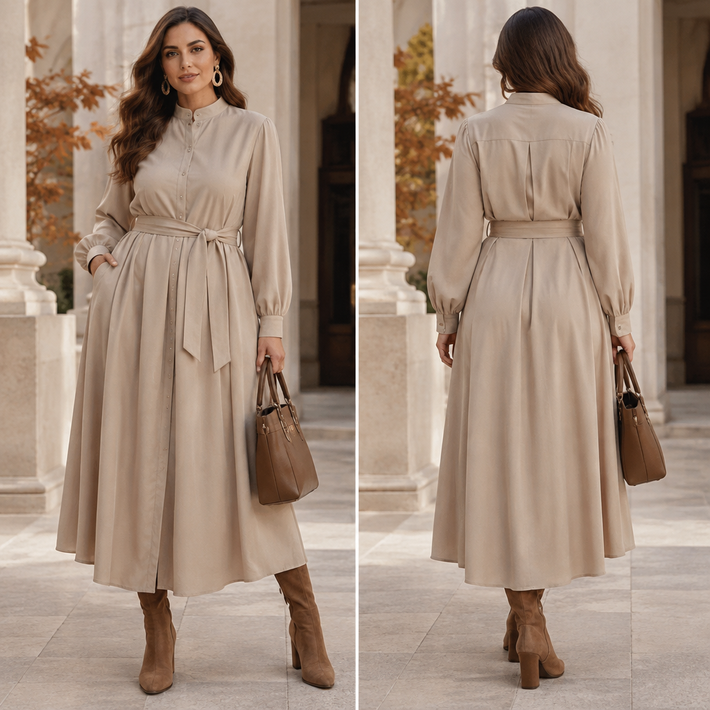 A Female Dress design, made of Cotton, with a light, flowing drape, with a Relaxed silhouette, with modest, full coverage: longer hemlines, higher necklines and covered shoulders, in a Neutrals color palette, suitable for Fall, suited to a Tropical climate, shown on a model with a curvy figure. Consider Italian fashion — la bella figura, tailored fits, luxury fabrics, bold accessories, Milanese sophistication. Current season is Autumn in Italy. Present it as professional fashion catalogue photography: the garment is the subject, shown full-length with editorial styling, neutral posing and tasteful, non-suggestive framing.
photorealistic fashion design, A Female Dress design, made of Cotton, with a light, flowing drape, with a Relaxed silhouette, with modest, full coverage: longer hemlines, higher necklines and covered shoulders, in a Neutrals color palette, suitable for Fall, suited to a Tropical climate, shown on a model with a curvy figure. Consider Italian fashion — la bella figura, tailored fits, luxury fabrics, bold accessories, Milanese sophistication. Current season is Autumn in Italy. Present it as professional fashion catalogue photography: the garment is the subject, shown full-length with editorial styling, neutral posing and tasteful, non-suggestive framing., just the design no text, show front and back
