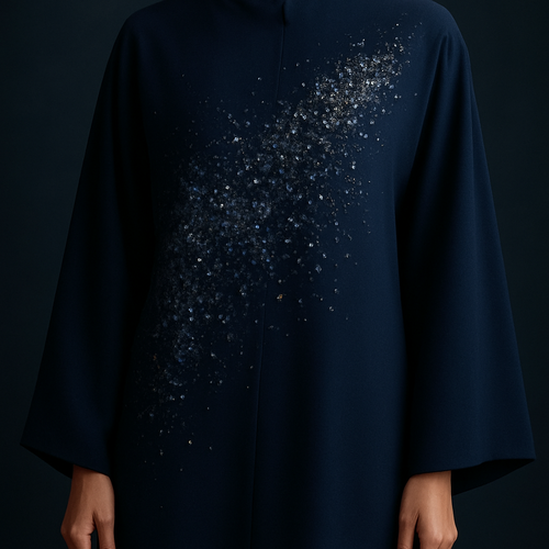 The Sapphire Mist Abaya
Tone: Deep sapphire navy
Design:
A mist-like arrangement of tiny florals blending into stone clusters across the torso.
Embellishment:
Sapphire stones mixed with silver crystals.
Vibe: Elegant, serene, like a luxury night sky.