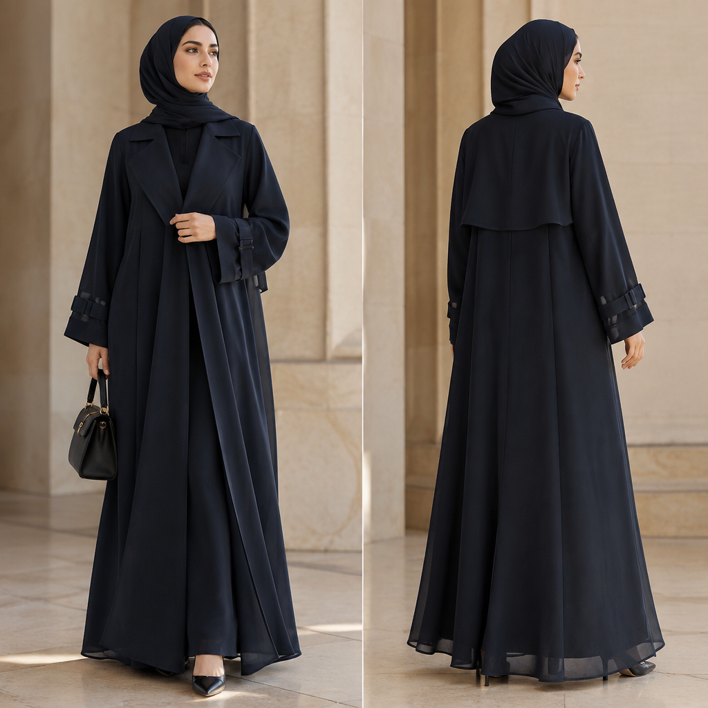 عباية كحلى شبه الترانزيت كوت. Egypt fashion aesthetics. Present it as professional fashion catalogue photography: the garment is the subject, shown full-length with editorial styling, neutral posing and tasteful, non-suggestive framing.
photorealistic fashion design, عباية كحلى شبه الترانزيت كوت. Egypt fashion aesthetics. Present it as professional fashion catalogue photography: the garment is the subject, shown full-length with editorial styling, neutral posing and tasteful, non-suggestive framing., just the design no text