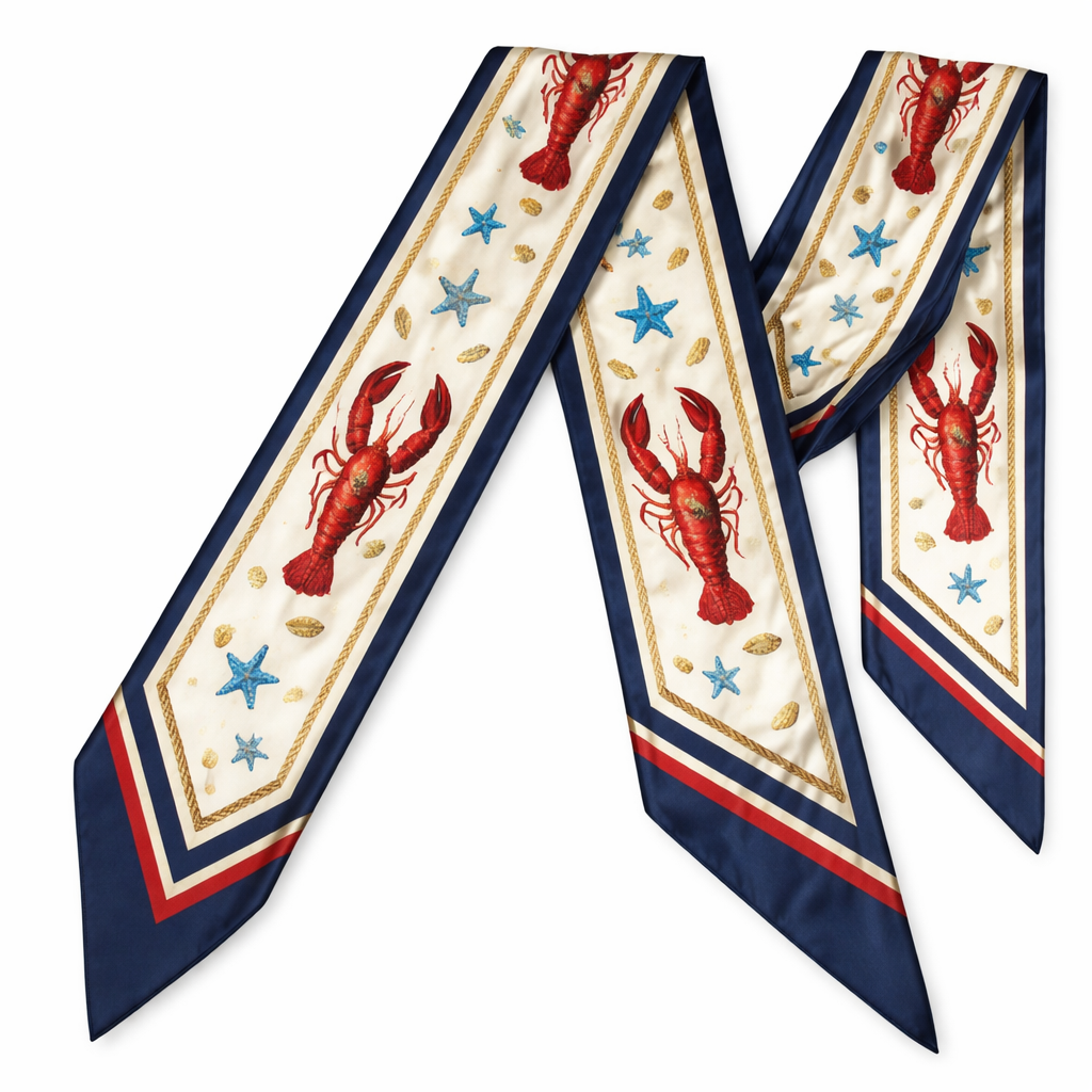 Design a silk scarf 5x 86cm with oblique corners. It’s needs to be New England style with lobsters and simple
Design a silk scarf 5x 86cm with oblique corners. It’s needs to be New England style with lobsters and simple, classic style, show front and back