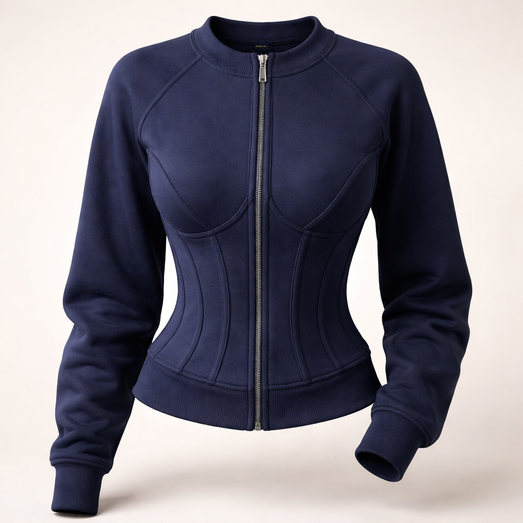 “Design a navy blue sweatshirt with a built-in corset silhouette. The corset should feature a visible front zipper and be made from soft, flexible fabric, not rigid. The design includes subtle raised seam lines in the same navy color, creating a structured and elegant look while maintaining comfort. Modern, minimal, and stylish athleisure aesthetic.”
Sportswear fashion design: Navy blue cotton sweatshirt, corset silhouette with front zipper. Soft, flexible fabric. Subtle raised seam lines match color. Modern, minimal, stylish athleisure. Fitted.
