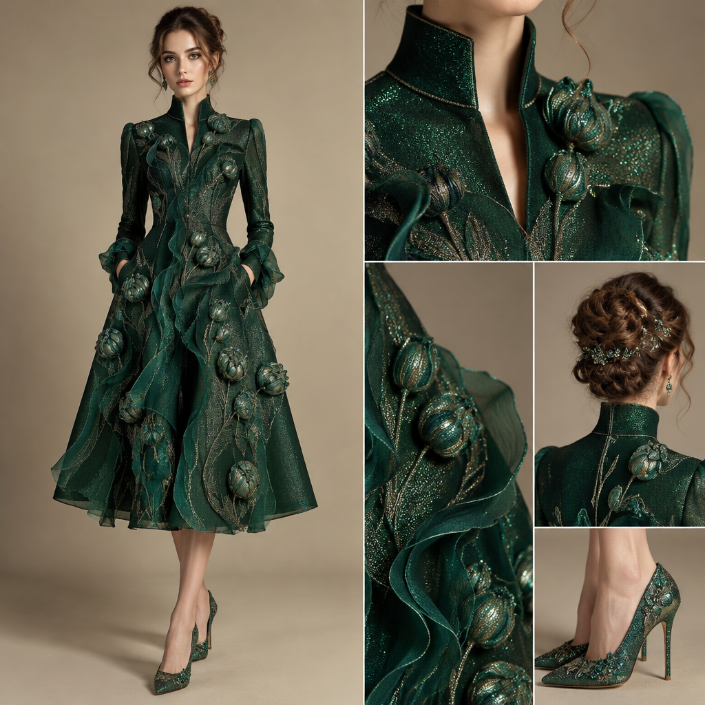 A Female Dress design, suitable for Fall. платье волнистые есть цветка бутонов цвет изумрудный блестящие переливающий в длинным воротником стоячим с открытым с карманами туфли блестящие блёстками по длинная до колена и причёски. GE fashion aesthetics. Present it as professional fashion catalogue photography: the garment is the subject, shown full-length with editorial styling, neutral posing and tasteful, non-suggestive framing.
photorealistic fashion design, A Female Dress design, suitable for Fall. платье волнистые есть цветка бутонов цвет изумрудный блестящие переливающий в длинным воротником стоячим с открытым с карманами туфли блестящие блёстками по длинная до колена и причёски. GE fashion aesthetics. Present it as professional fashion catalogue photography: the garment is the subject, shown full-length with editorial styling, neutral posing and tasteful, non-suggestive framing., just the design no text