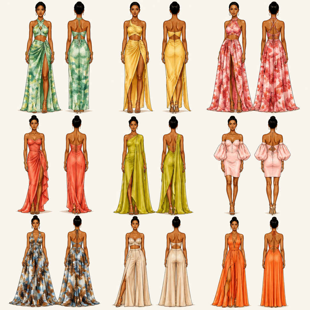 Create a fashion collection Nigerian girls will obsess over. Chic two-piece sets, elegant maxi dresses, destination wedding guest outfits, birthday dresses, luxury brunch looks, sophisticated vacation wear. Premium fabrics, modern feminine silhouettes, fashion illustration runway board, high-fashion designer sketch style.
photorealistic fashion design, Create a fashion collection Nigerian girls will obsess over. Chic two-piece sets, elegant maxi dresses, destination wedding guest outfits, birthday dresses, luxury brunch looks, sophisticated vacation wear. Premium fabrics, modern feminine silhouettes, fashion illustration runway board, high-fashion designer sketch style., colorful style, just the design no text, show front and back