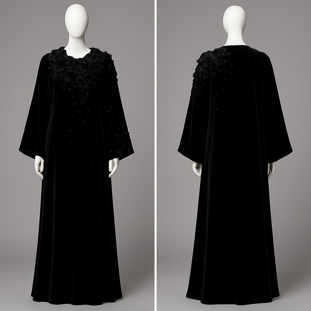 The Velvet Midnight Bloom Abaya
Tone: Deep velvet black
Fabric: Heavy velvet–crepe blend
Design:
A dense cluster of 3D velvet flowers around the neckline flowing softly across one sleeve.
Embellishment:
Black Swarovski stones scattered like stars.
Vibe:
Royal, powerful, and irresistibly classy.

The Velvet Midnight Bloom Abaya
Tone: Deep velvet black
Fabric: Heavy velvet–crepe blend
Design:
A dense cluster of 3D velvet flowers around the neckline flowing softly across one sleeve.
Embellishment:
Black Swarovski stones scattered like stars.
Vibe:
Royal, powerful, and irresistibly classy., show front and back
