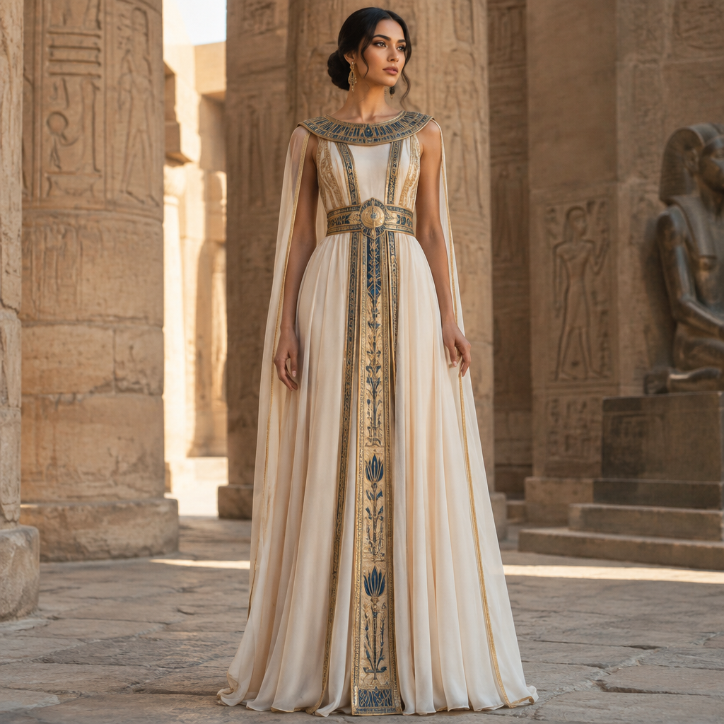 A Dress design, in Classic style. Egypt fashion aesthetics. Present it as professional fashion catalogue photography: the garment is the subject, shown full-length with editorial styling, neutral posing and tasteful, non-suggestive framing.
photorealistic fashion design, A Dress design, in Classic style. Egypt fashion aesthetics. Present it as professional fashion catalogue photography: the garment is the subject, shown full-length with editorial styling, neutral posing and tasteful, non-suggestive framing., classic style, just the design no text