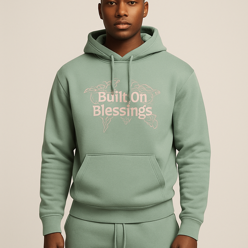 - brand name is still pending, but the vision is street wear / luxury. trying to keep it classy but cool. since it’s winter, i want to create some tracksuits, preferably pastel colours of all sorts. i like the strait pants with a tighter hoodie. i want the logo to be embroided saying “Built On Blessings” and the the words overlapping an outline of the world map or globe in pink embroiderey
- modern sans-serif with a better fit for every body type, detailed world map would be more intricate & eye catching for certain! lets try the pastel sage first, mauve next & the rest of options you prices fillings. tracksuit mockup would be preferred.
