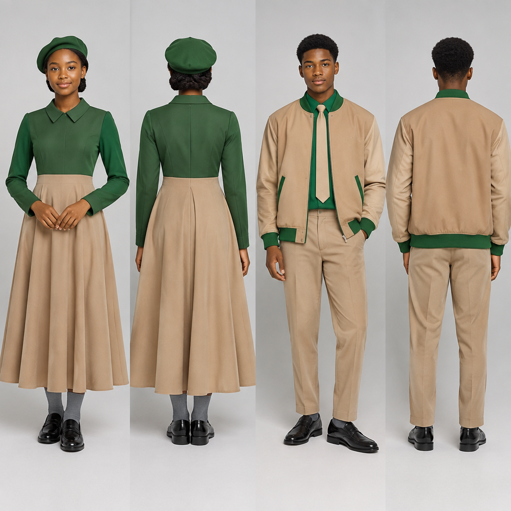 Design a light brown baseball jacket with green accents for both . Light brown arms .No writings on the jacket . Use black teenagers as models.show back and front face.
A fit and flare dress top half green and bottom half light brown,covering chest area,almost reaching ankles,green barrett and grey socks for the female.
A light brown relaxed trouser reaching ankles,green shirt,light brown tie and grey socks for the male.
Nice black school shoes for both.. Design with modest coverage. Present it as professional fashion catalogue photography: the garment is the subject, shown full-length with editorial styling, neutral posing and tasteful, non-suggestive framing.
photorealistic fashion design, Design a light brown baseball jacket with green accents for both . Light brown arms .No writings on the jacket . Use black teenagers as models.show back and front face.
A fit and flare dress top half green and bottom half light brown,covering chest area,almost reaching ankles,green barrett and grey socks for the female.
A light brown relaxed trouser reaching ankles,green shirt,light brown tie and grey socks for the male.
Nice black school shoes for both.. Design with modest coverage. Present it as professional fashion catalogue photography: the garment is the subject, shown full-length with editorial styling, neutral posing and tasteful, non-suggestive framing., just the design no text, show front and back