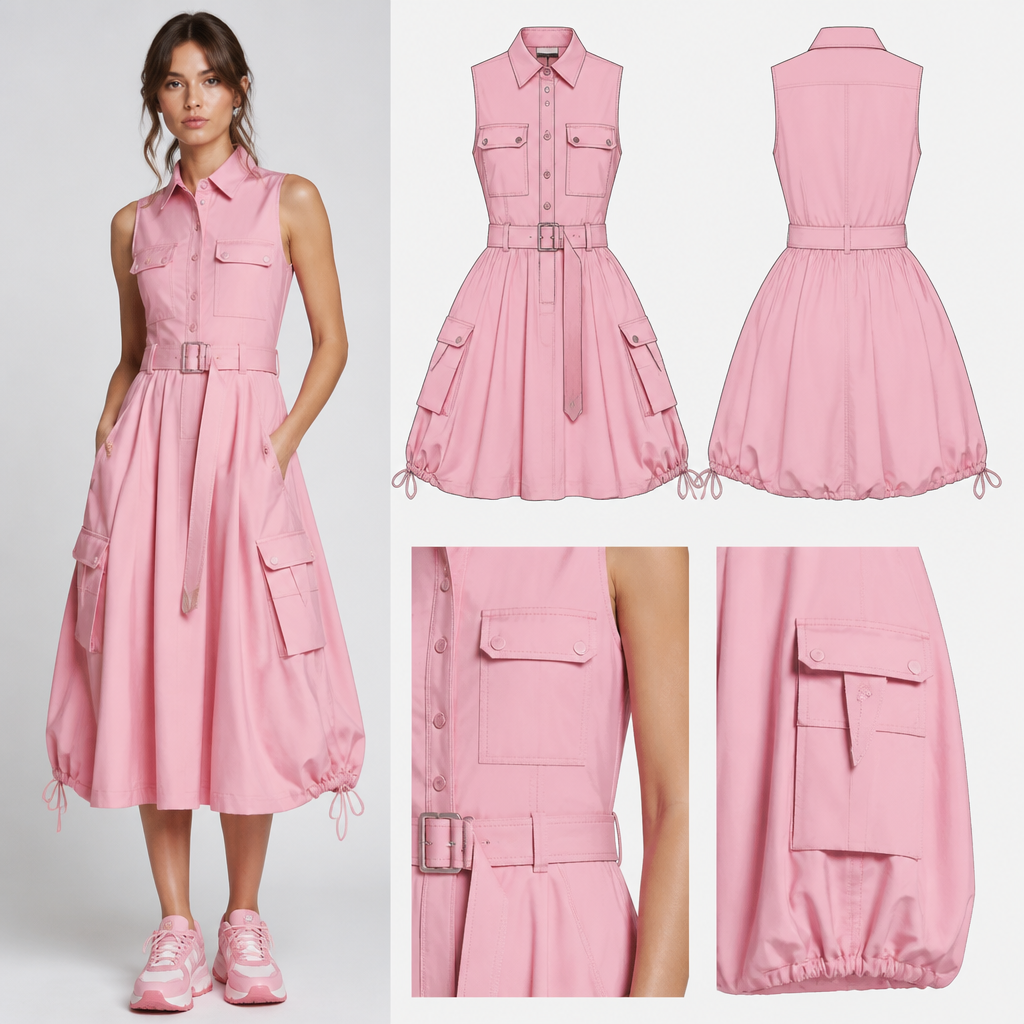 A Female Dress design, made of Cotton, suitable for Summer, in Business + Barbiecore + Gorpcore style. westen
photorealistic fashion design, A Female Dress design, made of Cotton, suitable for Summer, in Business + Barbiecore + Gorpcore style. westen, business style, just the design no text