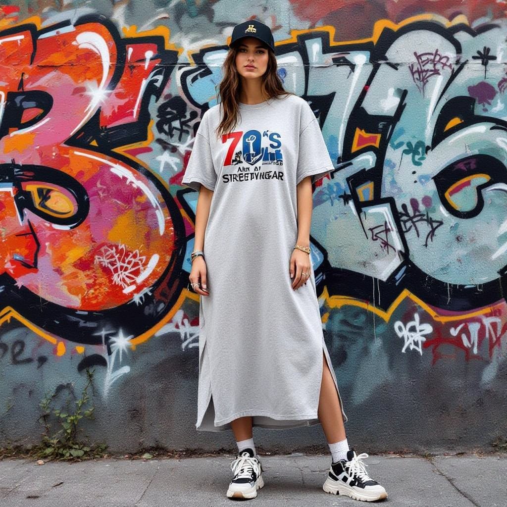 Maxi Dress from the 70s but styled modern
Streetwear fashion: Maxi dress, 70s style, modern streetwear. Cotton, solid color. Loose fit, layered under an oversized graphic tee. Chunky sneakers. Baseball cap.