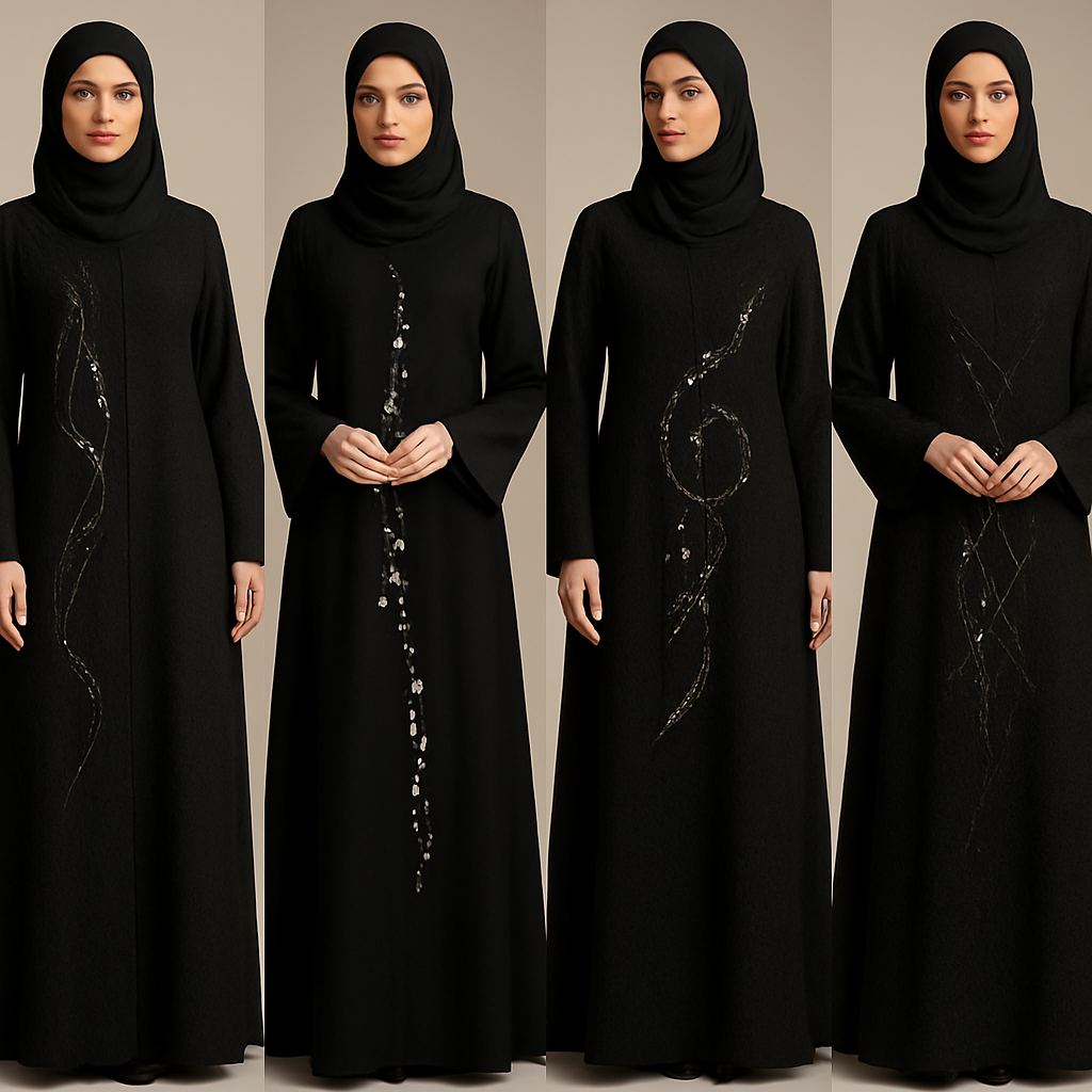 Create a modest elegant abaya dress , the first of its kind, featuring a unique stone design that exudes a classy and sophisticated vibe. I'd like four designs, each showcasing different styles and fabrics. Incorporate high-end, unique chic stone designs to make them truly special. Add little sophisticated stone designs. Make 4 options
Create a modest elegant abaya dress , the first of its kind, featuring a unique stone design that exudes a classy and sophisticated vibe. I'd like four designs, each showcasing different styles and fabrics. Incorporate high-end, unique chic stone designs to make them truly special. Add little sophisticated stone designs. Make 4 options