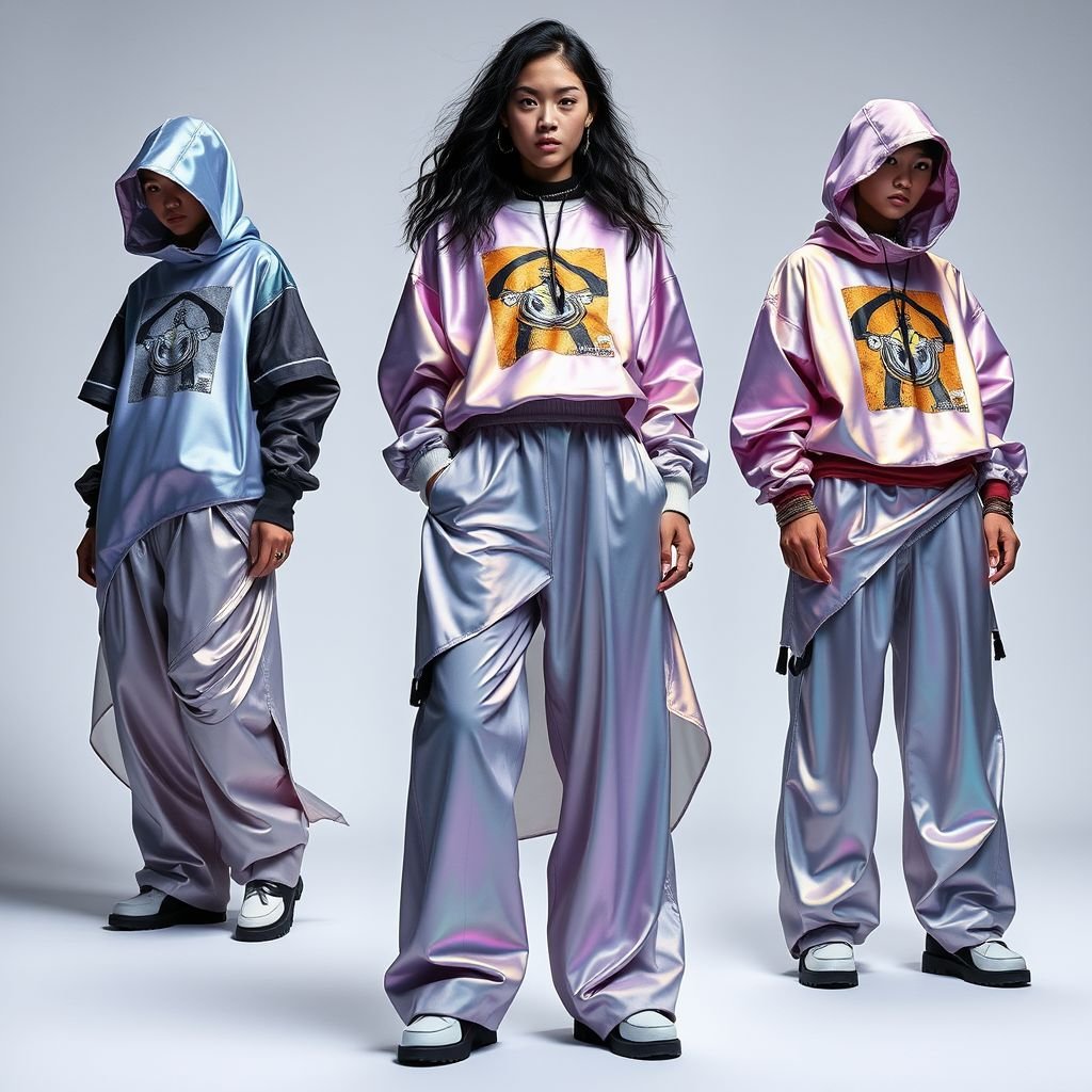 Baggy clothes
Imagine a futuristic urban streetwear collection featuring oversized garments that combine comfort and artistry. Flowy, baggy pants with asymmetrical hemlines are paired with exaggerated, structured tops crafted from iridescent fabrics. Layered with bold graphics and contrasting textures, this style redefines street fashion, promoting individuality and freedom of movement in every stitch.