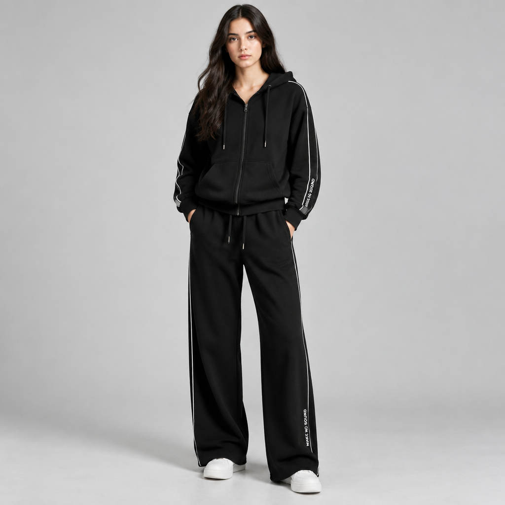 A Female Dress design, suitable for Fall. Matching black two-piece streetwear set, zip-up hooded jacket and wide-leg pants, both in the exact same matte heavy cotton fleece fabric, deep black color, thin white piping of identical thickness running down the sleeves of the jacket and down the side seams of the pants, small white vertical text "MAKE NO SOUND" in the same clean sans-serif font near the jacket sleeve cuff and near the pants hem, black drawstrings with metal tips on both hood and pants waist, white sneakers, full body front view, plain light gray studio background, soft studio lighting, minimal luxury streetwear, high detail Present it as professional fashion catalogue photography: the garment is the subject, shown full-length with editorial styling, neutral posing and tasteful, non-suggestive framing.
photorealistic fashion design, A Female Dress design, suitable for Fall. Matching black two-piece streetwear set, zip-up hooded jacket and wide-leg pants, both in the exact same matte heavy cotton fleece fabric, deep black color, thin white piping of identical thickness running down the sleeves of the jacket and down the side seams of the pants, small white vertical text "MAKE NO SOUND" in the same clean sans-serif font near the jacket sleeve cuff and near the pants hem, black drawstrings with metal tips on both hood and pants waist, white sneakers, full body front view, plain light gray studio background, soft studio lighting, minimal luxury streetwear, high detail Present it as professional fashion catalogue photography: the garment is the subject, shown full-length with editorial styling, neutral posing and tasteful, non-suggestive framing., just the design no text