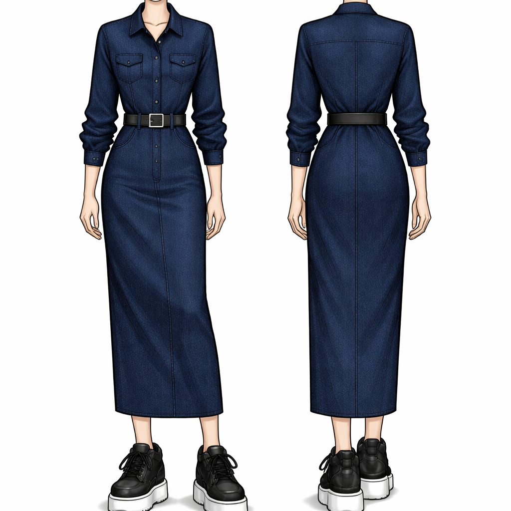 Make sure the fabric is denim and the clothes to be in dark blue color make a shirt with black buttons paired with a skirt a pencil skirt and black sneakers don’t draw the face add a black belt too on the skirt make the skirt long and the sneakers to be like high platforms and make a fashion design drawing not human don’t add a slit on the skirt and make it a bit less tight
Make sure the fabric is denim and the clothes to be in dark blue color make a shirt with black buttons paired with a skirt a pencil skirt and black sneakers don’t draw the face add a black belt too on the skirt make the skirt long and the sneakers to be like high platforms and make a fashion design drawing not human don’t add a slit on the skirt and make it a bit less tight, show front and back