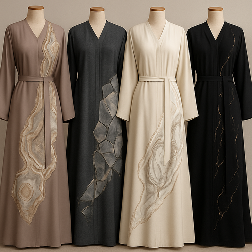 Create a modest abaya that's the first of its kind, featuring a unique stone design that exudes a classy and sophisticated vibe. I'd like four designs, each showcasing different styles and fabrics.
Incorporate high-end, unique chic stone designs to make them truly special. Add a little sophisticated stone work to it.