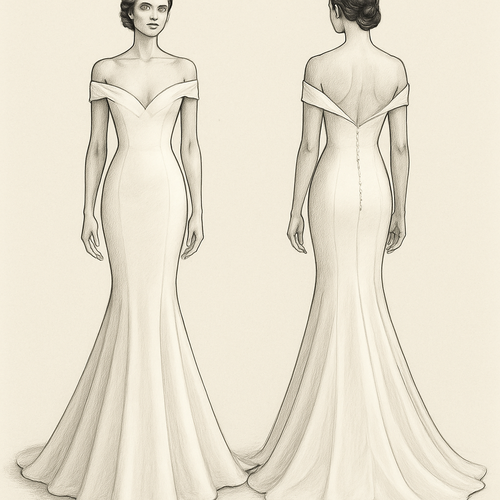 V-neck evening dress with a tail and off-the-shoulder mermaid cut