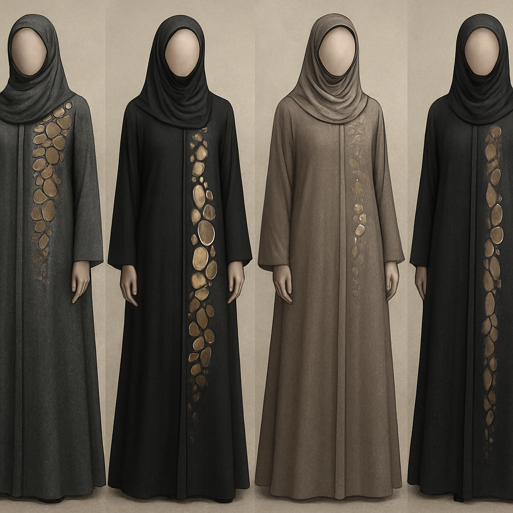 Create a modest abaya, first of its kind, featuring a unique stone design that exudes a classy and sophisticated vibe. I'd like four designs, each showcasing different styles and fabrics. Incorporate high-end, unique chic stone designs to make them truly special. Add little sophisticated stone designs. Make it irresistible for customers
Create a modest abaya, first of its kind, featuring a unique stone design that exudes a classy and sophisticated vibe. I'd like four designs, each showcasing different styles and fabrics. Incorporate high-end, unique chic stone designs to make them truly special. Add little sophisticated stone designs. Make it irresistible for customers