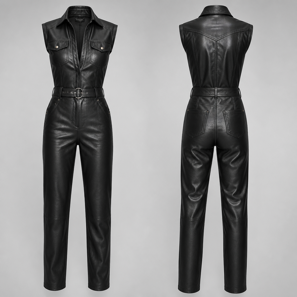 A Jumpsuit design, made of Leather, for Casual, suitable for Summer, in Elegant + Biker + Leather style
photorealistic fashion design, A Jumpsuit design, made of Leather, for Casual, suitable for Summer, in Elegant + Biker + Leather style, elegant style, just the design no text, show front and back