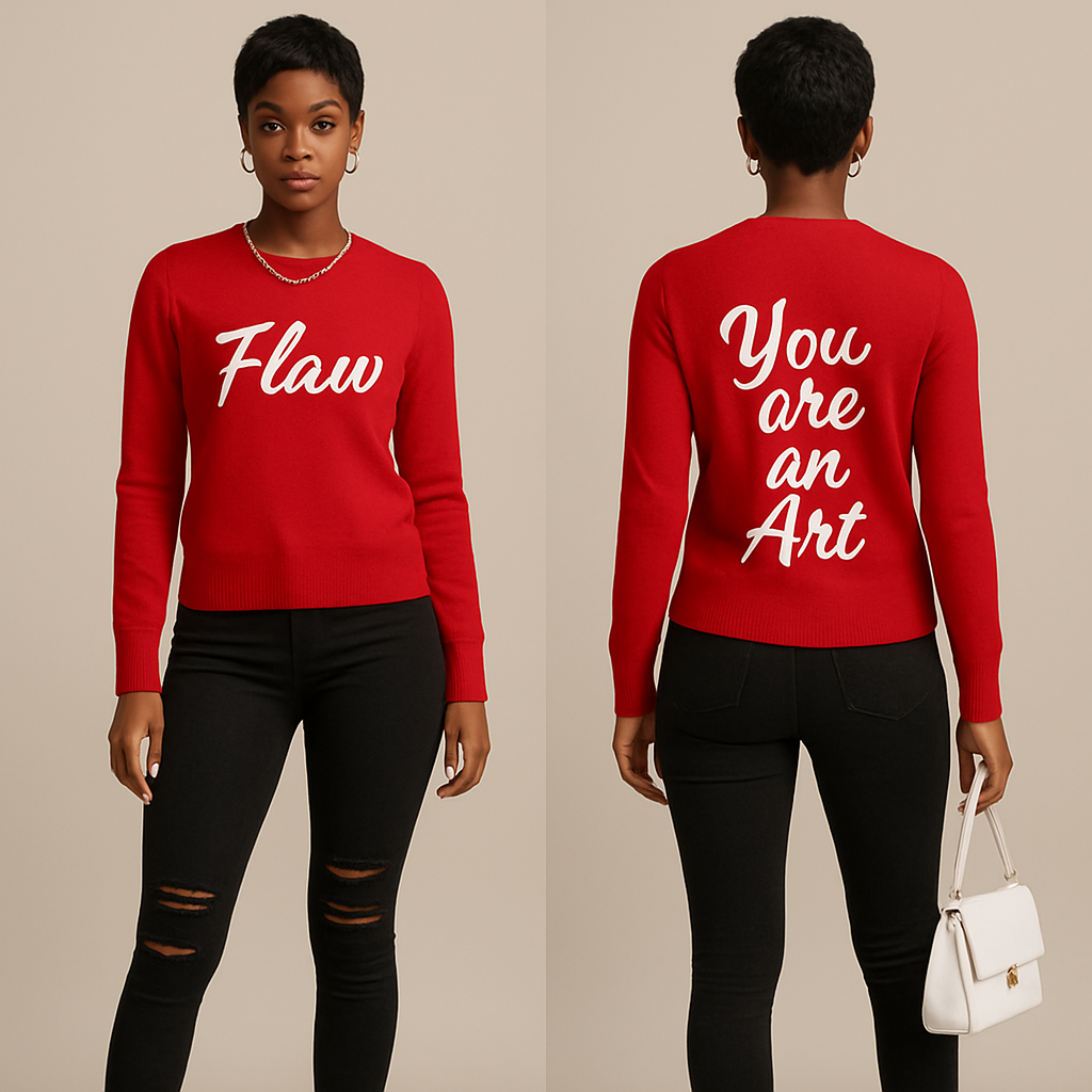 Black woman
Pixie cut
Red Long sleeve sweater shirt on the front it says Flaw in white in cursive and on the back it says in white You are an Art 🌹
Tight black ripped jeans
White boot heels
Gold jewelry
White purse
Black woman
Pixie cut
Red Long sleeve sweater shirt on the front it says Flaw in white in cursive and on the back it says in white You are an Art 🌹
Tight black ripped jeans
White boot heels
Gold jewelry
White purse
, show front and back
