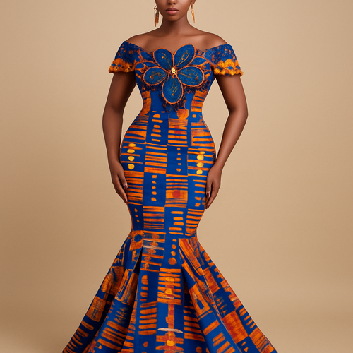 Create a mermaid Ghanaian kente dress with a flower like neckline in the best shade of blue and orange with beads design