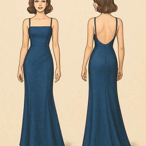 Quiero un vestido largo, ajustado, con espalda descubierta y escote cuadrado, con manga de tirantes q sea ideal para graduación color azul