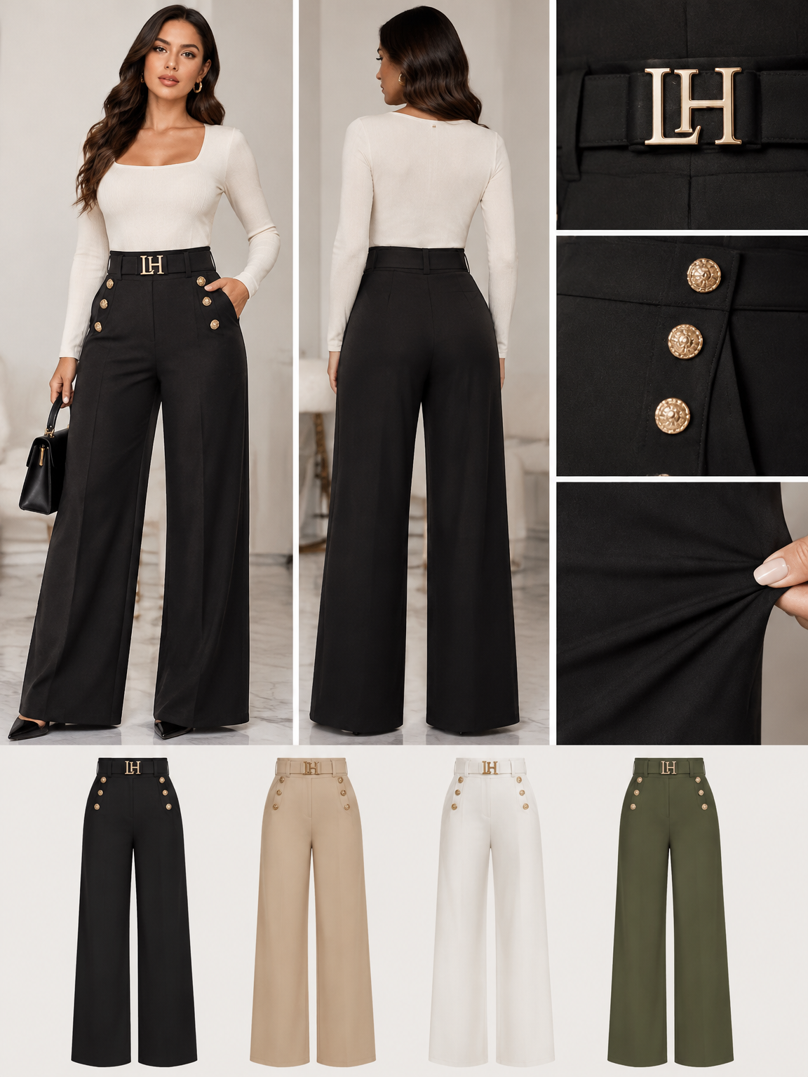 A Women's High-waist Wide-leg Pants with Decorative Metal Buttons, Stretchy Solid-with logo LH in decorative metal belt
A Women's High-waist Wide-leg Pants with Decorative Metal Buttons, Stretchy Solid-with logo LH in decorative metal belt