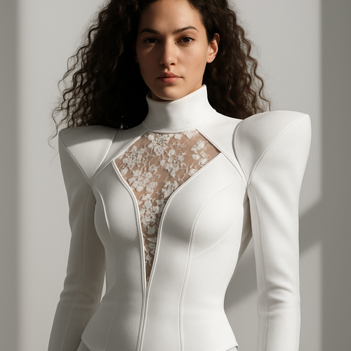 Avant-garde white sportswear top inspired by couture structure. Sculpting technical fabric with sculpted shoulders and high neck featuring transparent floral lace cutouts. The silhouette is sleek, modern, and confident, merging strength and femininity. Model: 32 years old, 170cm, 58kg, long curly hair. Minimalist white studio, directional lighting with shadows emphasizing volume, ultra-realistic 8K, Lauren Secret couture sport aesthetic.”
