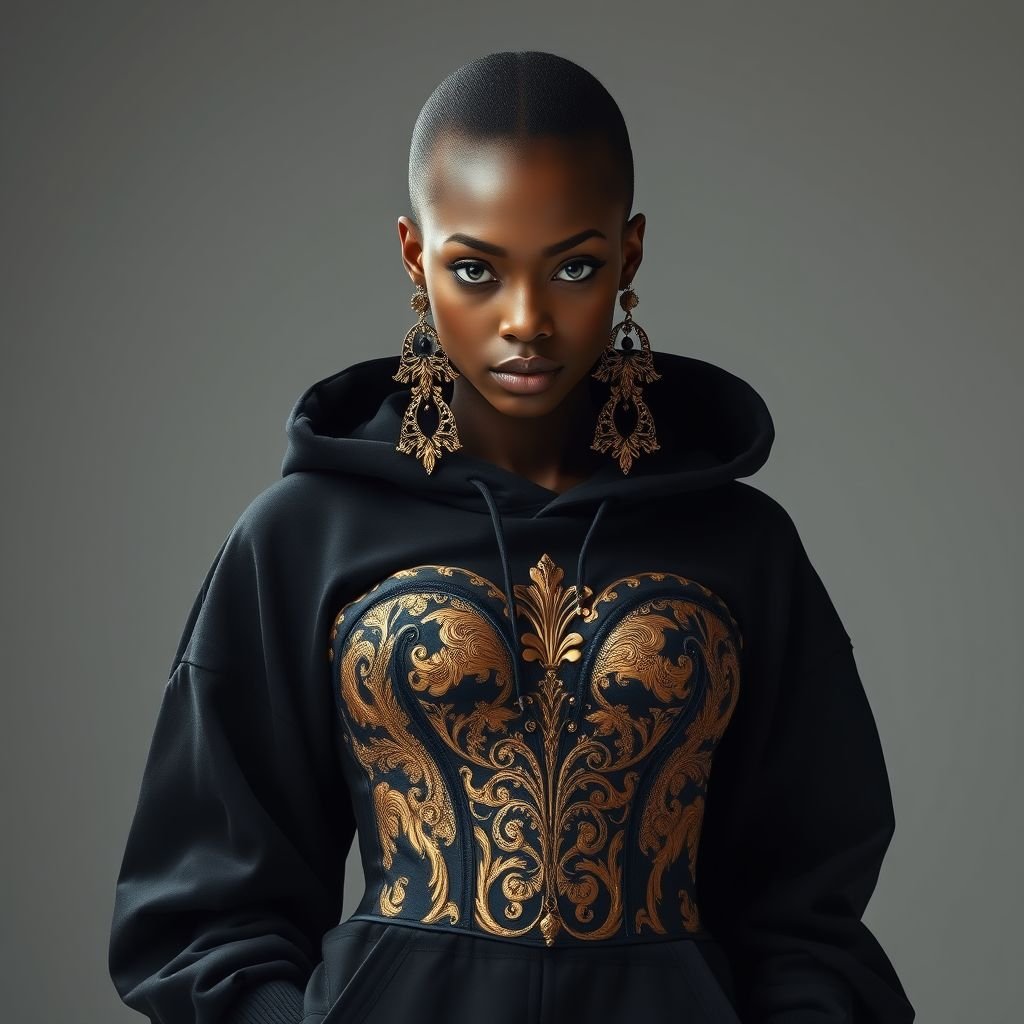 Create a top model girl with black skin and green eyes, with a baroque brocade corset with outstanding golden texture and oversized baroque style earrings, the whole style looks like avant-garde haute couture.
Design a striking streetwear ensemble featuring a tall, black-skinned model with captivating green eyes. Adorn her in a lavish, oversized black hoodie layered over an intricately detailed baroque brocade corset, showcasing shimmering gold textures. Complete the look with exaggerated baroque-inspired earrings, merging avant-garde luxury with vibrant urban flair for a compelling street aesthetic.