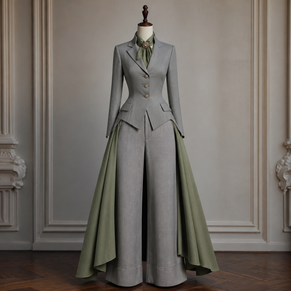 Create a formal suit for women in elegant gray fabric, bottoms is a super wide leg pants with quarter gown not too flowing on both sides in sage color, showing the pants
photorealistic fashion design, Create a formal suit for women in elegant gray fabric, bottoms is a super wide leg pants with quarter gown not too flowing on both sides in sage color, showing the pants
, vintage style, just the design no text