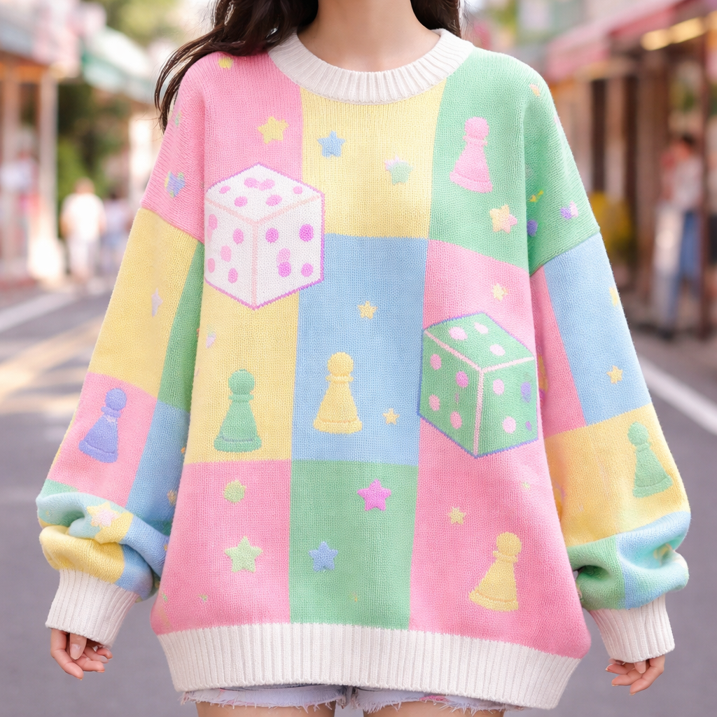 cute chunky neon candy land board game sweater
Japanese Street fashion design: Oversized, soft knit cotton sweater in bright pink, yellow, blue, and green blocks, with playful dice and pawn patterns. Dropped shoulders, relaxed fit, for a sweet and vibrant look.