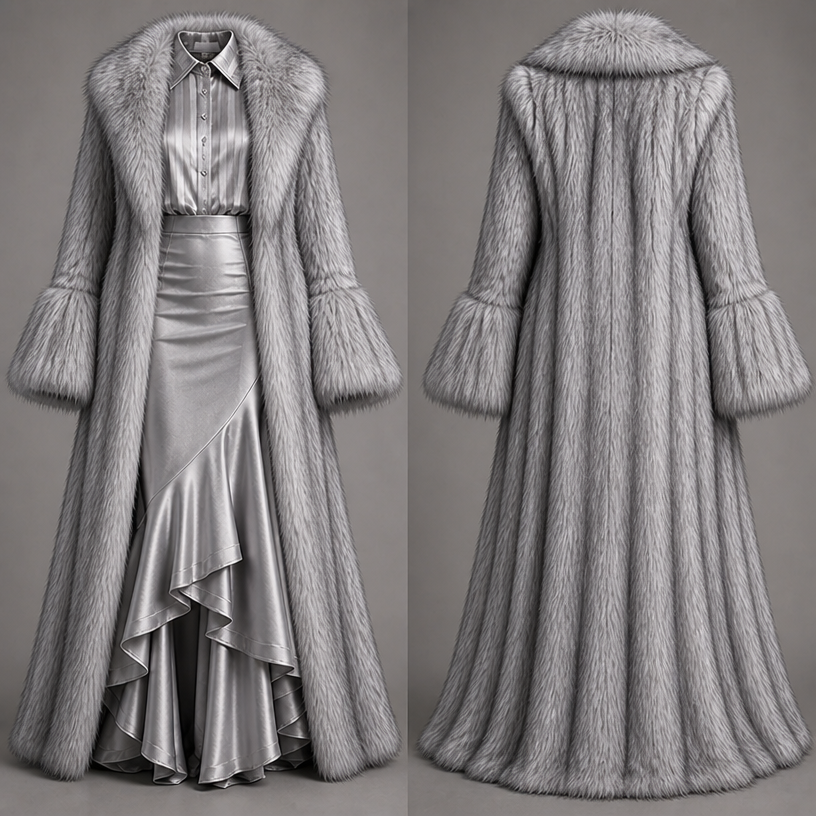 Add a long silver grey fox coat with long flair
sleeves
edit the attached fashion design with these instructions: Add a long silver grey fox coat with long flair
sleeves. keep it photorealistic, just the design no text