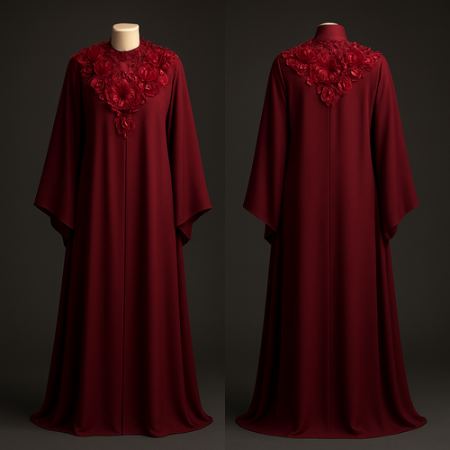 The Ruby Flora Majesty Abaya
Tone: Deep dark ruby
Design:
Large layered 3D ruby florals arranged around the neckline like a luxury necklace.
Embellishment:
Red glass stones and micro-beads giving a regal shine.
Vibe: Soft royalty + deep sensual luxury.