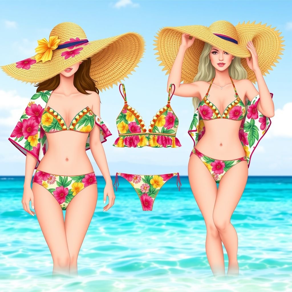 בגד ים ביקיני בסגנון של maaji
Design a vibrant Maaji-style bikini set, featuring floral prints in bold colors that evoke the spirit of summer. Incorporate playful ruffles and unique cutouts, blending tropical motifs with a bohemian flair. Accentuate with matching cover-ups and oversized sun hats, ideal for beach lounging and sun-soaked adventures by the sea.