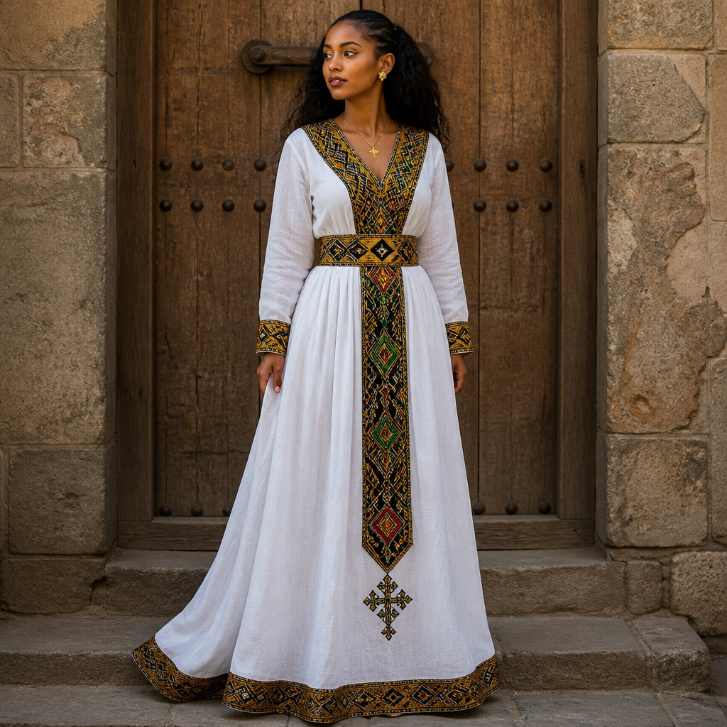 ይሄንን ልብስ በ ቆንጆ ኢትዮጵያዊት ሴት አርገህ ስራው ስፌቱ ደሞ የኢትዮጵያውያን ኣሰራር ኣርገው. Ethiopia fashion aesthetics.
photorealistic fashion design, ይሄንን ልብስ በ ቆንጆ ኢትዮጵያዊት ሴት አርገህ ስራው ስፌቱ ደሞ የኢትዮጵያውያን ኣሰራር ኣርገው. Ethiopia fashion aesthetics., just the design no text