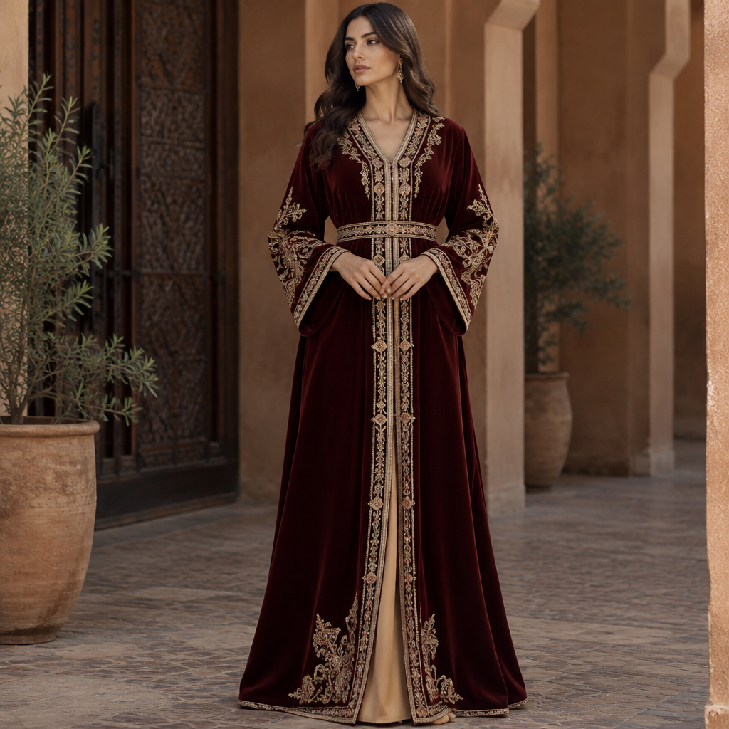 A Female Dress design, suitable for Fall. Consider Moroccan fashion — caftan, djellaba, intricate embroidery, jewel-toned fabrics. Current season is Autumn in Morocco. Present it as professional fashion catalogue photography: the garment is the subject, shown full-length with editorial styling, neutral posing and tasteful, non-suggestive framing.
photorealistic fashion design, A Female Dress design, suitable for Fall. Consider Moroccan fashion — caftan, djellaba, intricate embroidery, jewel-toned fabrics. Current season is Autumn in Morocco. Present it as professional fashion catalogue photography: the garment is the subject, shown full-length with editorial styling, neutral posing and tasteful, non-suggestive framing., just the design no text