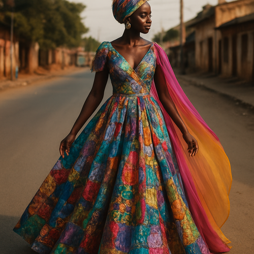 I want to Create one of kind colorful gown made from scrap fabric with iridescent touches and design with a colorful two tone chiffon for high end fashionista that will give it a sophisticated and gorgeous look on a real human dark skin modeling it on the roadside of a street in Africa.