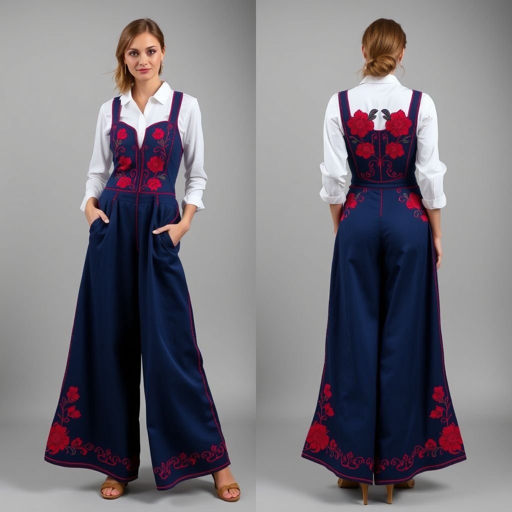 One salopete blu end red ,
Imagine a strikingly chic salopette in deep indigo blue, adorned with vibrant scarlet embroidery tracing whimsical floral patterns along the seams. The silhouette features a fitted bodice with adjustable straps and wide, flowing legs that graze the ankles. Pair it with a crisp white shirt for a fresh, bold look.