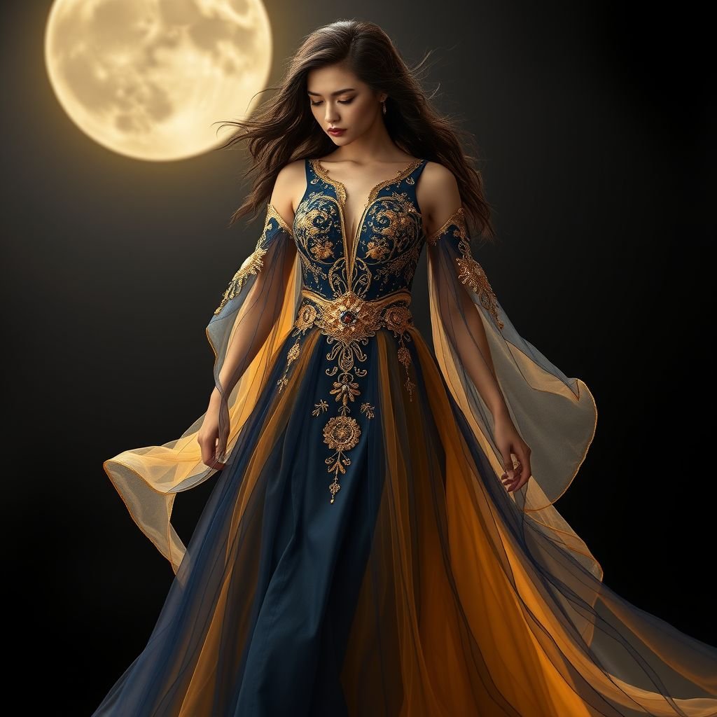 O rochie de zeiță aur și albastru închis
Imagine a goddess-like gown in radiant gold and deep navy blue, flowing effortlessly as if woven from starlight. The bodice features intricate celestial embroidery, with glimmering gold accents adorning ethereal draped sleeves. Layers of sheer chiffon cascade down, creating a halo effect, perfect for an enchanting evening under the moonlight.