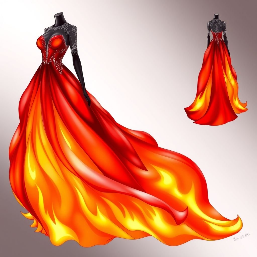 Flame dress
Design an elegant flame dress that features cascading layers of silk in rich shades of crimson and gold. The gown should have a fitted bodice with delicate lace detailing, flowing into a voluminous skirt that mimics the movement of flames. Add subtle embellishments of sparkling sequins to enhance its fiery allure.