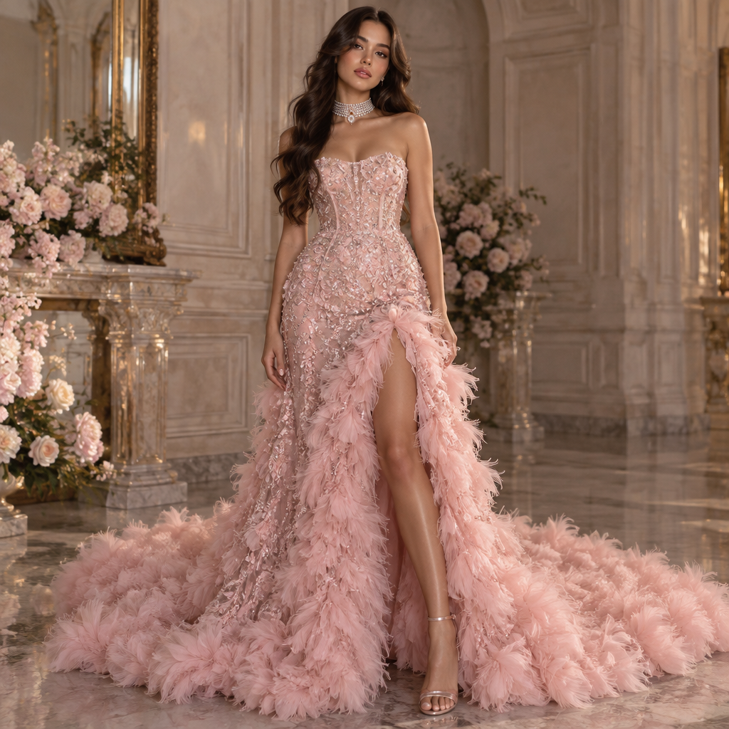A breathtaking luxurious blush-pink couture gown, featuring a fitted strapless corset-style bodice with a straight neckline and an extremely intricate all-over embellishment. The entire bodice is covered in dense three-dimensional floral embroidery, delicate pink sequins, shimmering crystals, and tiny sparkling beadwork arranged in organic floral and vine-like patterns. The embellishment becomes slightly more scattered as it continues down the skirt, while still covering the gown beautifully. The waist is sharply fitted, flowing into a sleek, floor-length fitted skirt that follows the silhouette closely. The skirt features a dramatic high front slit, starting high on the thigh and extending all the way down toward the floor. Surrounding the slit are layers of soft, voluminous pale-pink feather-like ruffles, beginning around the upper thigh and cascading downward in uneven, fluffy layers along both sides of the opening. The same delicate fluffy pink ruffles continue around the bottom of the gown and spread into an enormous dramatic floor-length train behind it, creating a soft, cloud-like effect across the floor. The main body of the gown has a subtle sparkling finish, while the pale-pink ruffles are soft, airy, and noticeably more voluminous, creating a beautiful contrast between the sleek jeweled fabric and the fluffy details. The overall design is glamorous, feminine, extravagant, and unmistakably haute couture, with no simple or minimal elements.
The jewelry consists of a luxurious layered diamond choker, sitting closely around the neck and made from several delicate rows of sparkling clear crystals, with a slightly more detailed cluster of stones at the center. The necklace should look elegant and highly polished without overpowering the dress.
The shoes are elegant metallic champagne rose-gold strappy high heels, featuring a delicate thin ankle strap, slim straps across the open toe, a refined open-toe design, and a very thin high stiletto heel. The sandals should look sleek, delicate, and luxurious.
The hair is worn completely down in long, glossy, voluminous dark-brown waves, with a soft slightly off-center part and smooth loose waves falling naturally over the shoulders and down the back. Add a few soft face-framing pieces while keeping the overall hairstyle polished and glamorous.
The makeup is soft luxurious glam: luminous natural-looking skin, softly sculpted cheeks, subtle rosy blush, warm neutral eyeshadow, softly defined eyeliner, long separated lashes, naturally shaped brows, and glossy rosy-nude lips.
photorealistic fashion design, A breathtaking luxurious blush-pink couture gown, featuring a fitted strapless corset-style bodice with a straight neckline and an extremely intricate all-over embellishment. The entire bodice is covered in dense three-dimensional floral embroidery, delicate pink sequins, shimmering crystals, and tiny sparkling beadwork arranged in organic floral and vine-like patterns. The embellishment becomes slightly more scattered as it continues down the skirt, while still covering the gown beautifully. The waist is sharply fitted, flowing into a sleek, floor-length fitted skirt that follows the silhouette closely. The skirt features a dramatic high front slit, starting high on the thigh and extending all the way down toward the floor. Surrounding the slit are layers of soft, voluminous pale-pink feather-like ruffles, beginning around the upper thigh and cascading downward in uneven, fluffy layers along both sides of the opening. The same delicate fluffy pink ruffles continue around the bottom of the gown and spread into an enormous dramatic floor-length train behind it, creating a soft, cloud-like effect across the floor. The main body of the gown has a subtle sparkling finish, while the pale-pink ruffles are soft, airy, and noticeably more voluminous, creating a beautiful contrast between the sleek jeweled fabric and the fluffy details. The overall design is glamorous, feminine, extravagant, and unmistakably haute couture, with no simple or minimal elements.
The jewelry consists of a luxurious layered diamond choker, sitting closely around the neck and made from several delicate rows of sparkling clear crystals, with a slightly more detailed cluster of stones at the center. The necklace should look elegant and highly polished without overpowering the dress.
The shoes are elegant metallic champagne rose-gold strappy high heels, featuring a delicate thin ankle strap, slim straps across the open toe, a refined open-toe design, and a very thin high stiletto heel. The sandals should look sleek, delicate, and luxurious.
The hair is worn completely down in long, glossy, voluminous dark-brown waves, with a soft slightly off-center part and smooth loose waves falling naturally over the shoulders and down the back. Add a few soft face-framing pieces while keeping the overall hairstyle polished and glamorous.
The makeup is soft luxurious glam: luminous natural-looking skin, softly sculpted cheeks, subtle rosy blush, warm neutral eyeshadow, softly defined eyeliner, long separated lashes, naturally shaped brows, and glossy rosy-nude lips., just the design no text